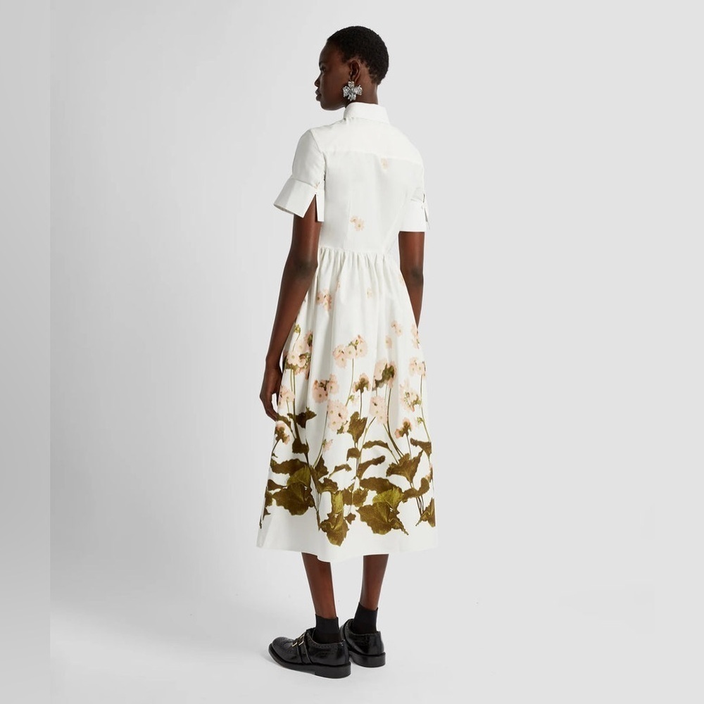 ERDEM Short-Sleeve Midi Shirt Dress in Cotton White and Green Floral 0 NWT 1345$ - Picture 7 of 14
